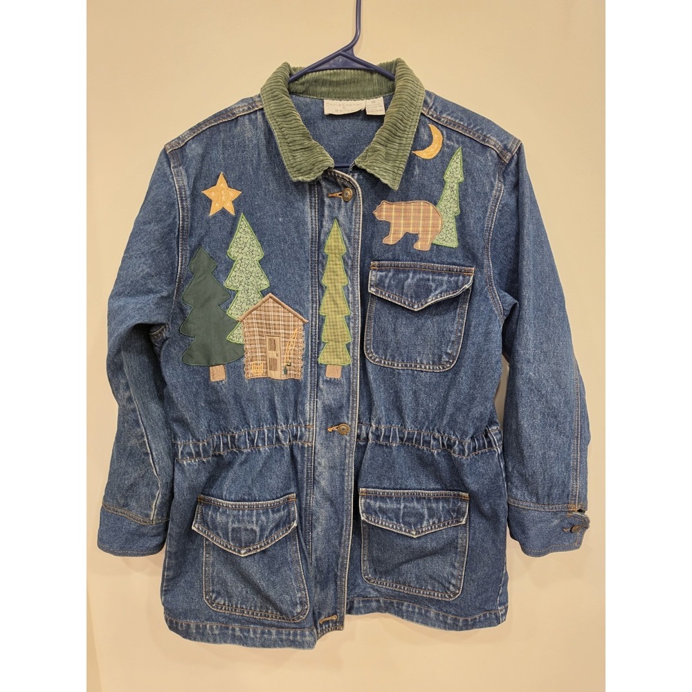 Christopher & Banks Denim Jacket‎ Woodland Bear Cabin Trees Corduroy Collar M